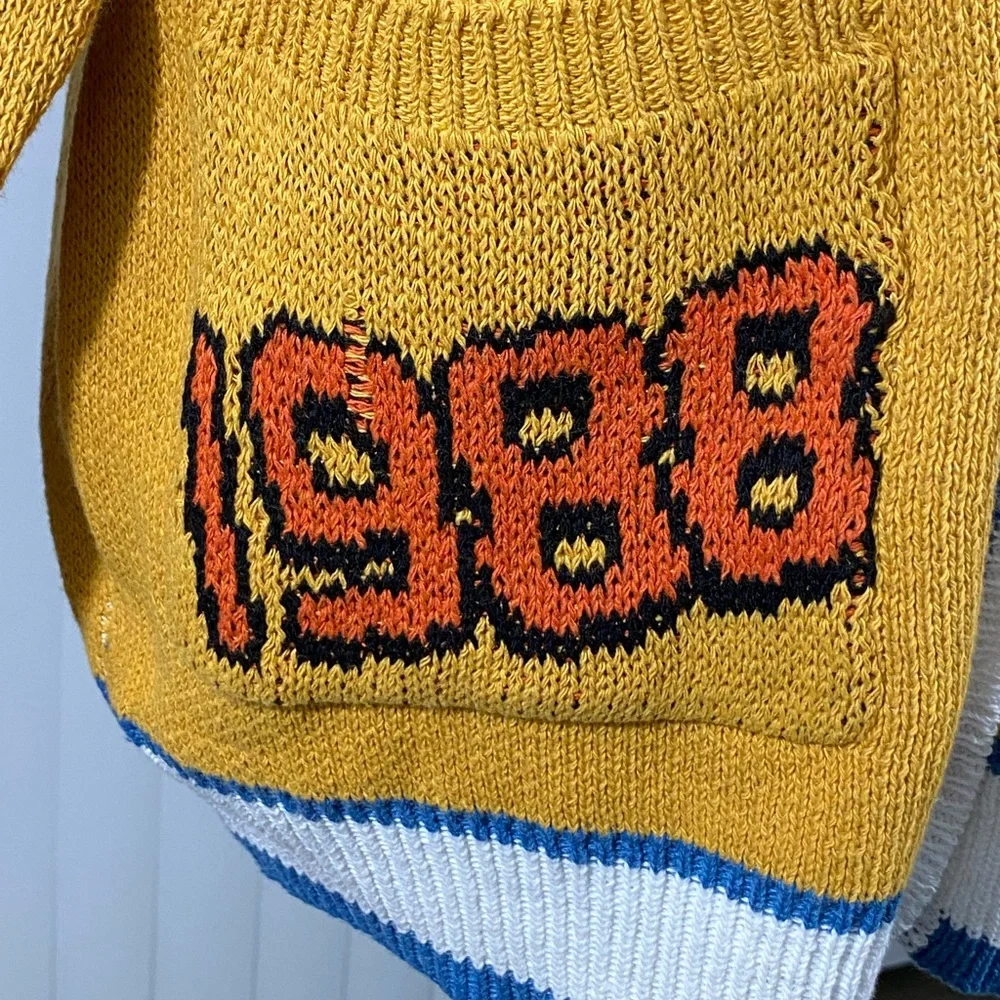 AELFRIC EDEN Unisex Varsity Letterman Sweater Cardigan Patchwork Yellow Gold M - Picture 10 of 12